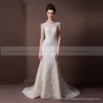 Sweet and lovely V neck hollowed - out back mermaid high quality lace wedding dress